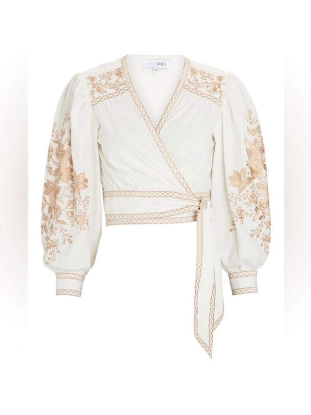 INTERMIX Cream Wrap Top with Beige Floral Embroidery
